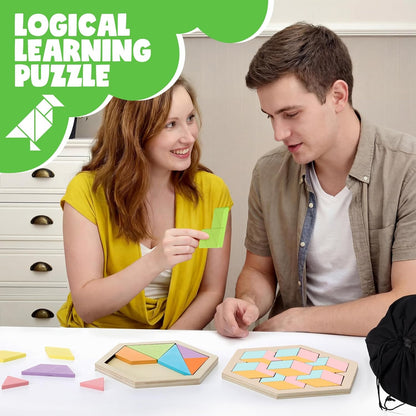 Yunsailing 3 Pack Large Hexagon Tangram Puzzle Wooden Brain Puzzles for Adult Challenge Wood Russian Blocks Brain Teasers Geometric Jigsaw Block Logic Iq Stem Family Graduation Gifts(Vintage)