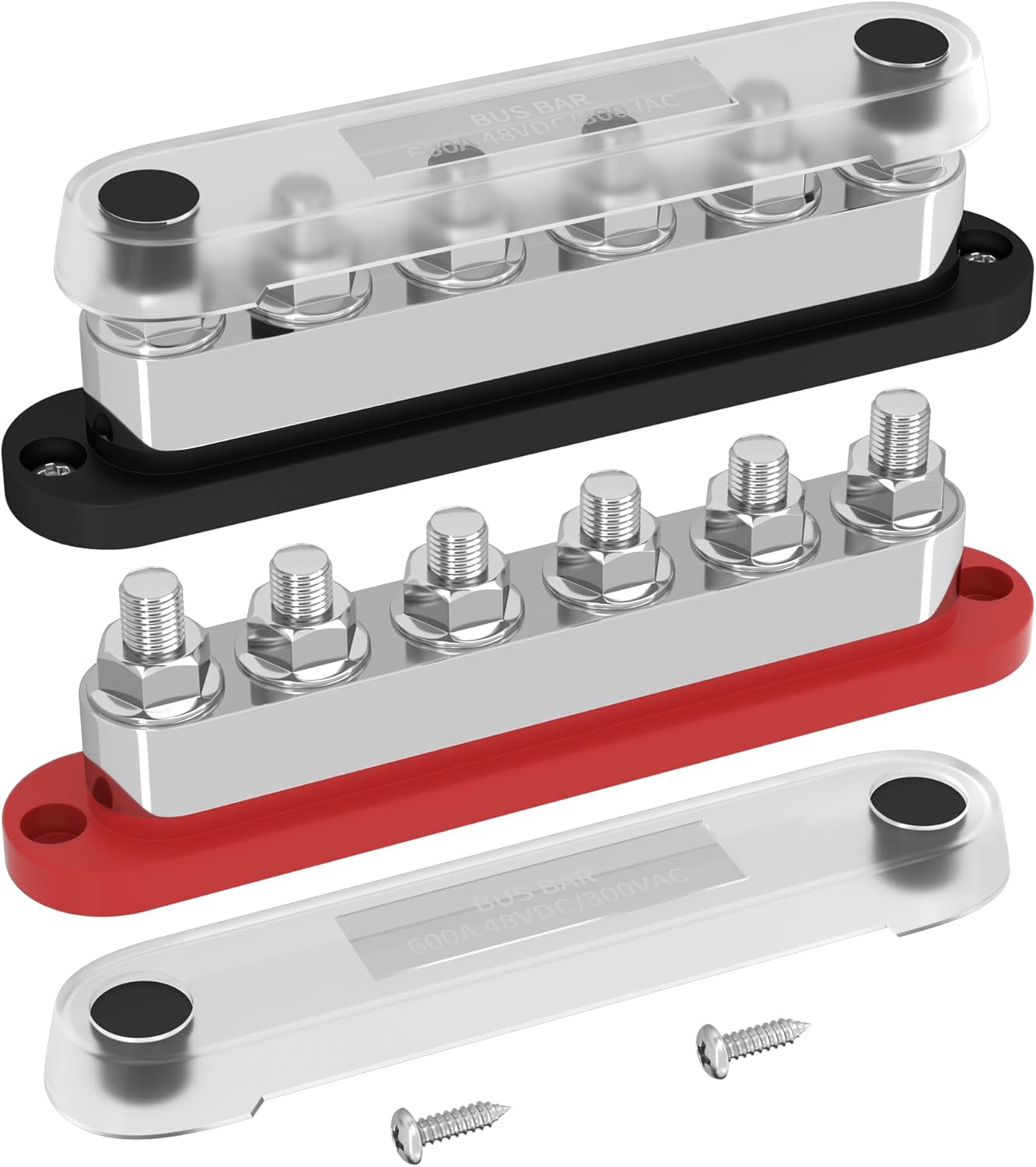 DaierTek 300A Copper Bus Bar 12V, Power Distribution Block with Cover 3 x 3/8” M10 Studs & 10 x M5 Terminal Screws for Car Marine Solar Battery Negative & Positive