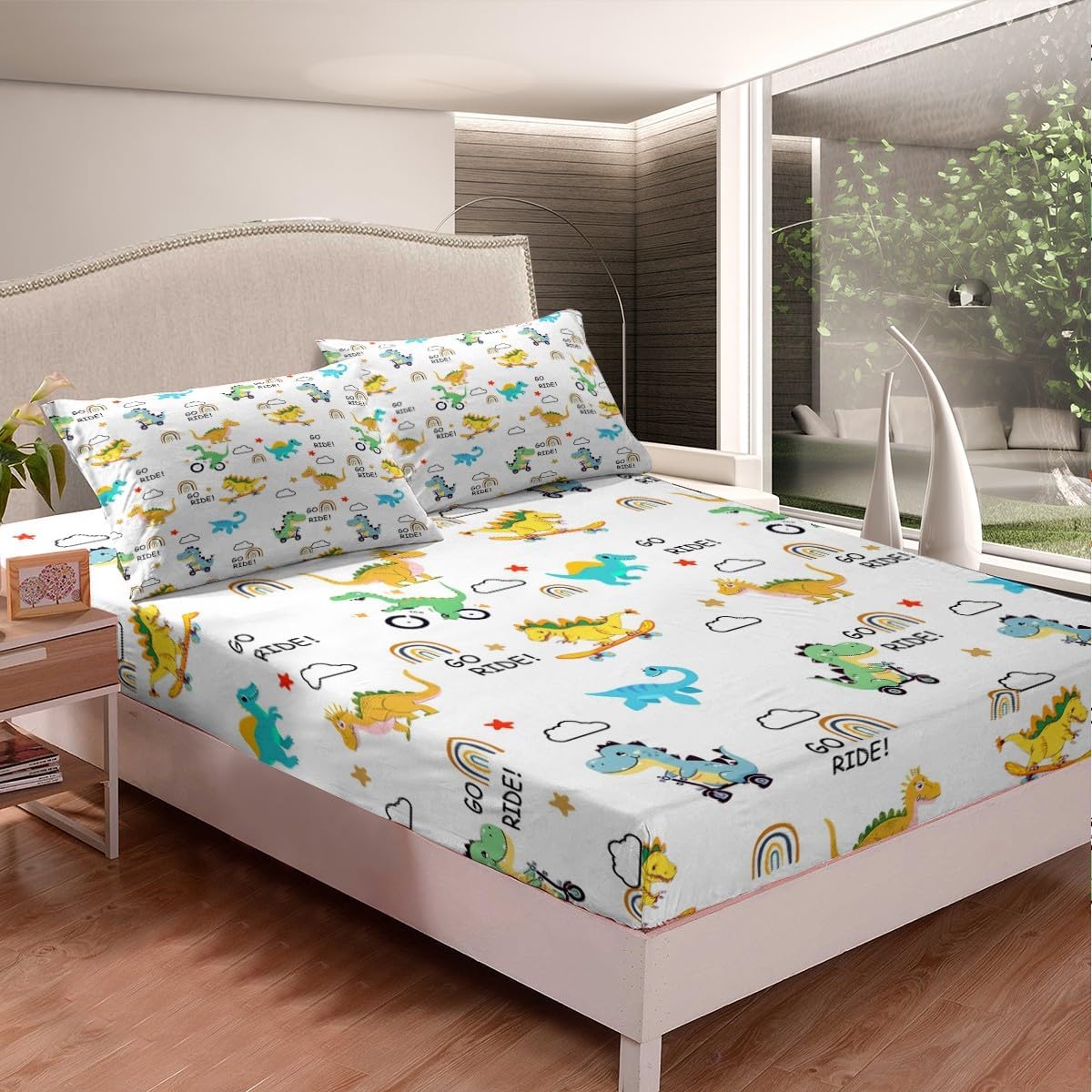 Manfei Musical Kids Fitted Sheet Full Size, MusicalGuitar Radio Drum Kit Headset Print Bedding Set 3pcs for Boys Girls, Rock Music Bed Cover with 2 Pillowcases, Soft Polyester Bedding, No Top Sheet