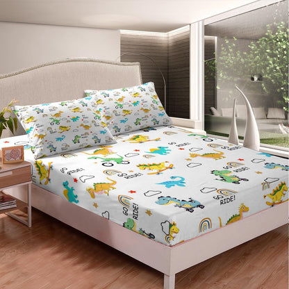 Manfei Musical Kids Fitted Sheet Full Size, MusicalGuitar Radio Drum Kit Headset Print Bedding Set 3pcs for Boys Girls, Rock Music Bed Cover with 2 Pillowcases, Soft Polyester Bedding, No Top Sheet