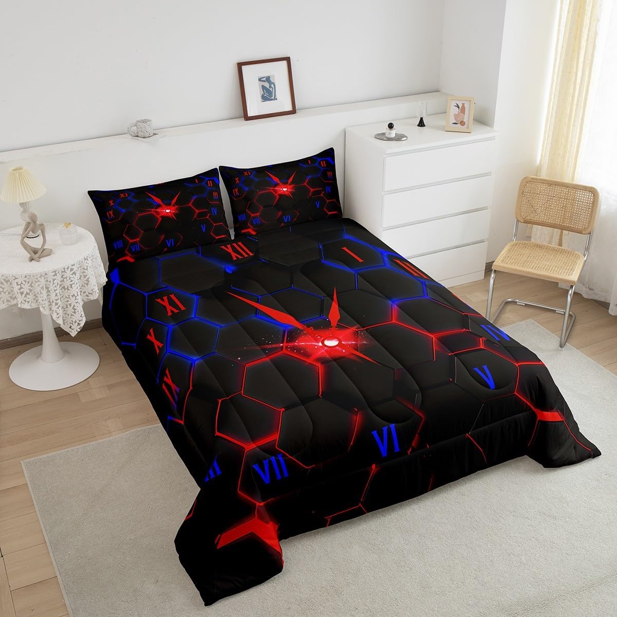 Castle Fairy Drum Kit Comforter Set,Musical Instruments Bedding Set for Kids Girls Women,Adults Rock Music Comforter,Neon Lighting Quilted Duvet Set Bedroom Collection Twin Size 2Pcs