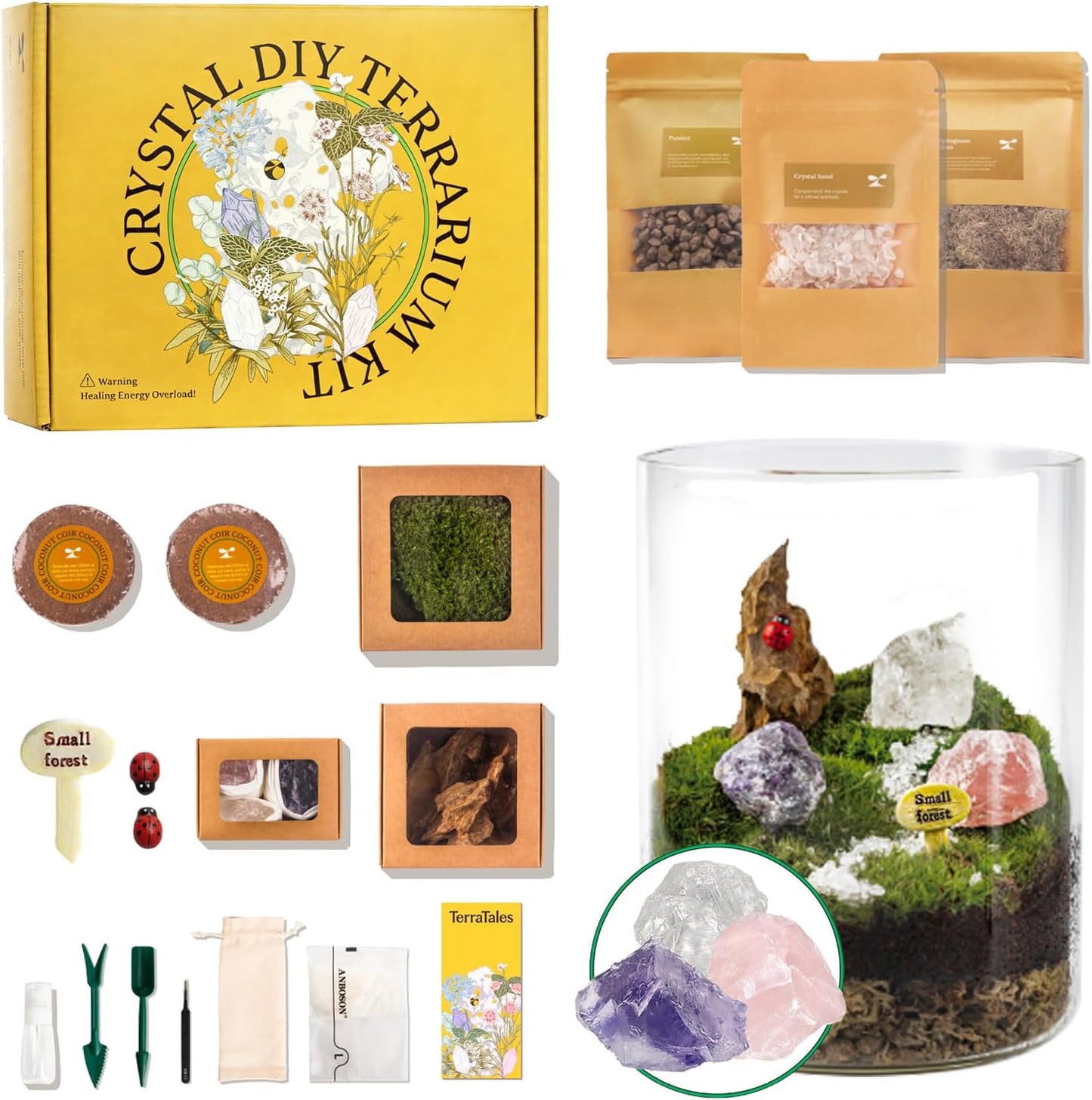 DIY Crystal Terrarium Kit - 21-Pieces All-in-One Starter Kit with Preserved Moss, Pumice, Crystals, Coconut Coir, Tools & Decor | Healing Gift for Relaxing | Plants Lovers | Home & Desk Decor