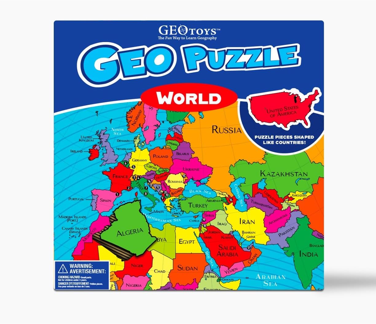 GeoToys GeoPuzzle, World Jigsaw Puzzles, 68 Pc Geography Game & Map Puzzle, Educational Games & Kids Learning Activities, Puzzle Gifts for Children Ages 6-9, Fun Learning Toys for Kids
