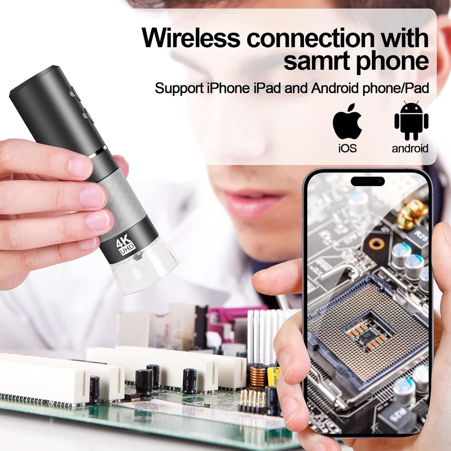 4K 3840x2160p WiFi Digital Microscope for iPhone Android Phone and Windows Mac PC, Wireless Handheld Microscope Camera, Portable Microscope with Metal Stand for Adults and Kids