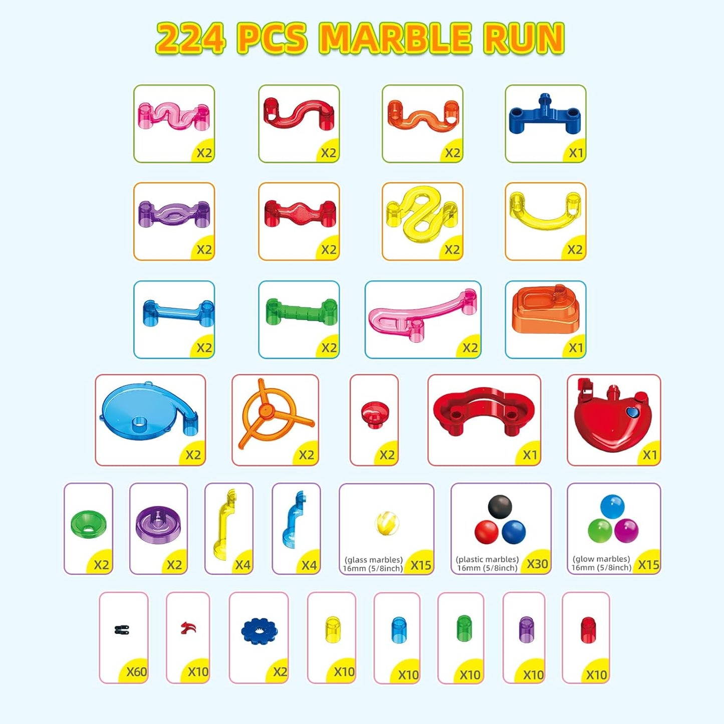 Tucrae 224 PCS Marble Runs Toys with Automatic Elevator Glowing Marble Maze Building Set STEM Puzzle Toys for 3 4 5+ Boys & Girls Children's Day, Christmas Easter Gifts(Containing 60 Marbles)