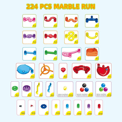 Tucrae 224 PCS Marble Runs Toys with Automatic Elevator Glowing Marble Maze Building Set STEM Puzzle Toys for 3 4 5+ Boys & Girls Children's Day, Christmas Easter Gifts(Containing 60 Marbles)