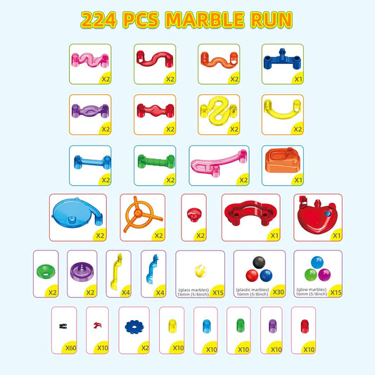 Tucrae 224 PCS Marble Runs Toys with Automatic Elevator Glowing Marble Maze Building Set STEM Puzzle Toys for 3 4 5+ Boys & Girls Children's Day, Christmas Easter Gifts(Containing 60 Marbles)