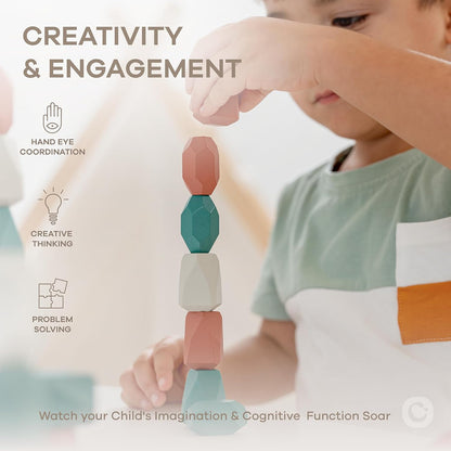 Comfy Cubs Stacking Rocks 36 Pieces, 36 Months+, Educational Toddler Stacking Blocks, Promotes Imagination, Balance & Fine Motor Skills - Wooden Rocks Sensory Toys Gift for Kid, Neutral Pack