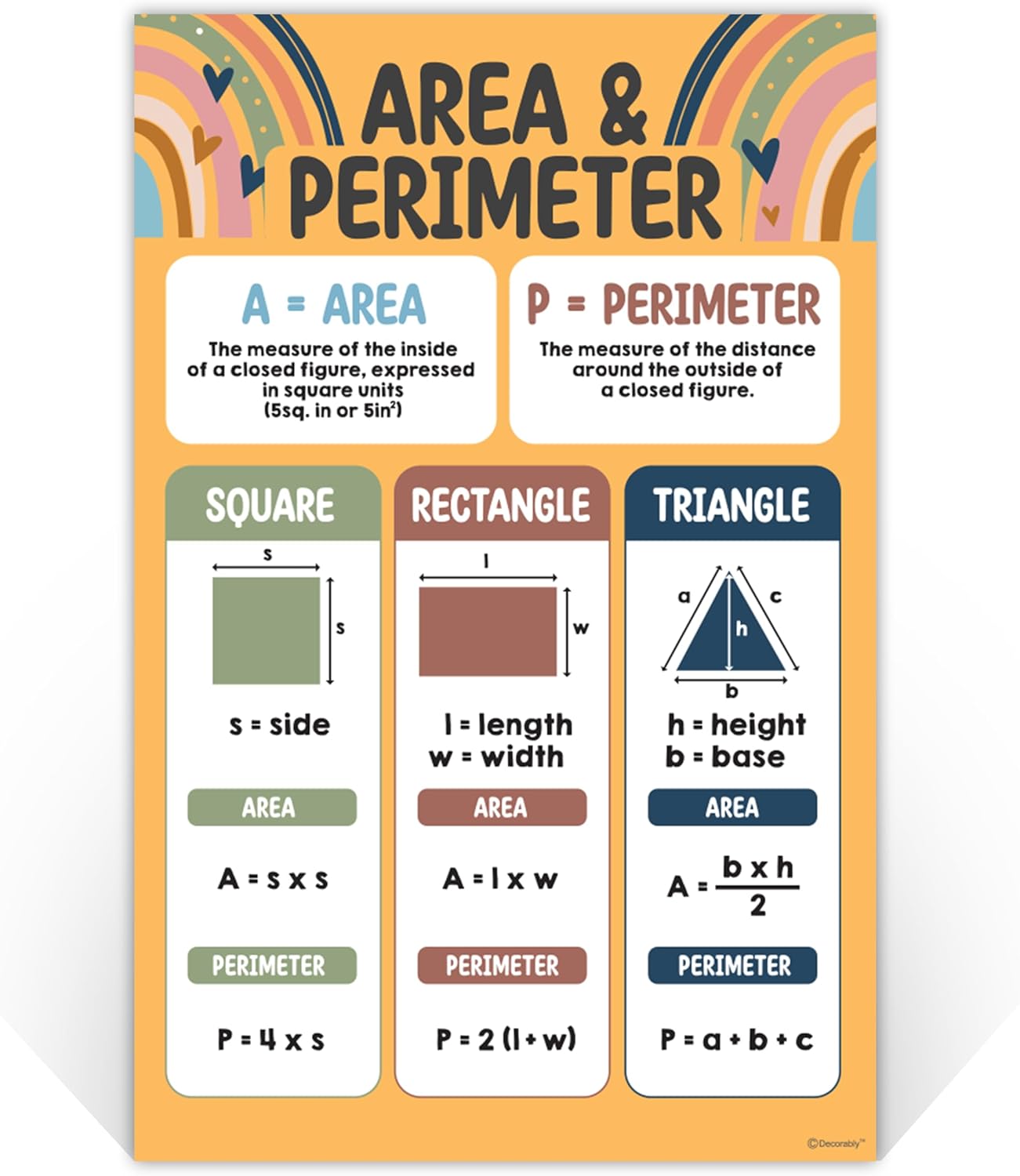 Decorably 20 Rainbow Boho Math Posters for Classroom, 11x17in Educational Matte-Laminated School Decor - for Hallways, Bulletin Boards, Home Study Room