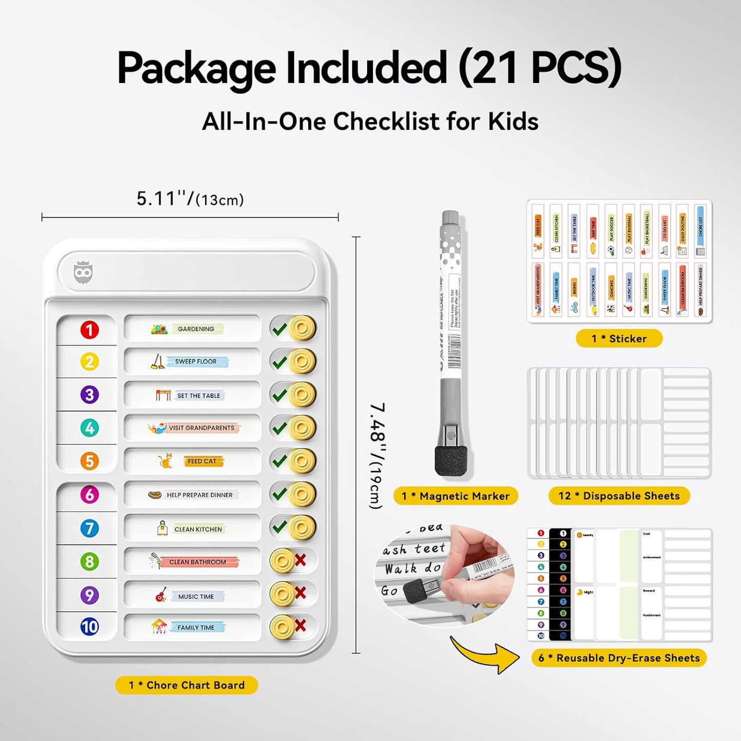 Magnetic Chore Chart for Kids, ADHD Tools for Kids to Do List Checklist Task Board Routine Chart Visual Schedule for Fridge with 10 Sliders and Magnetic Marker - White