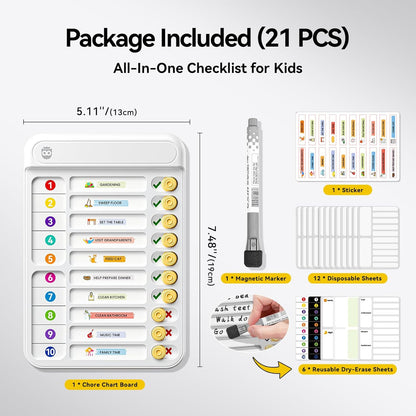 Magnetic Chore Chart for Kids, ADHD Tools for Kids to Do List Checklist Task Board Routine Chart Visual Schedule for Fridge with 10 Sliders and Magnetic Marker - White