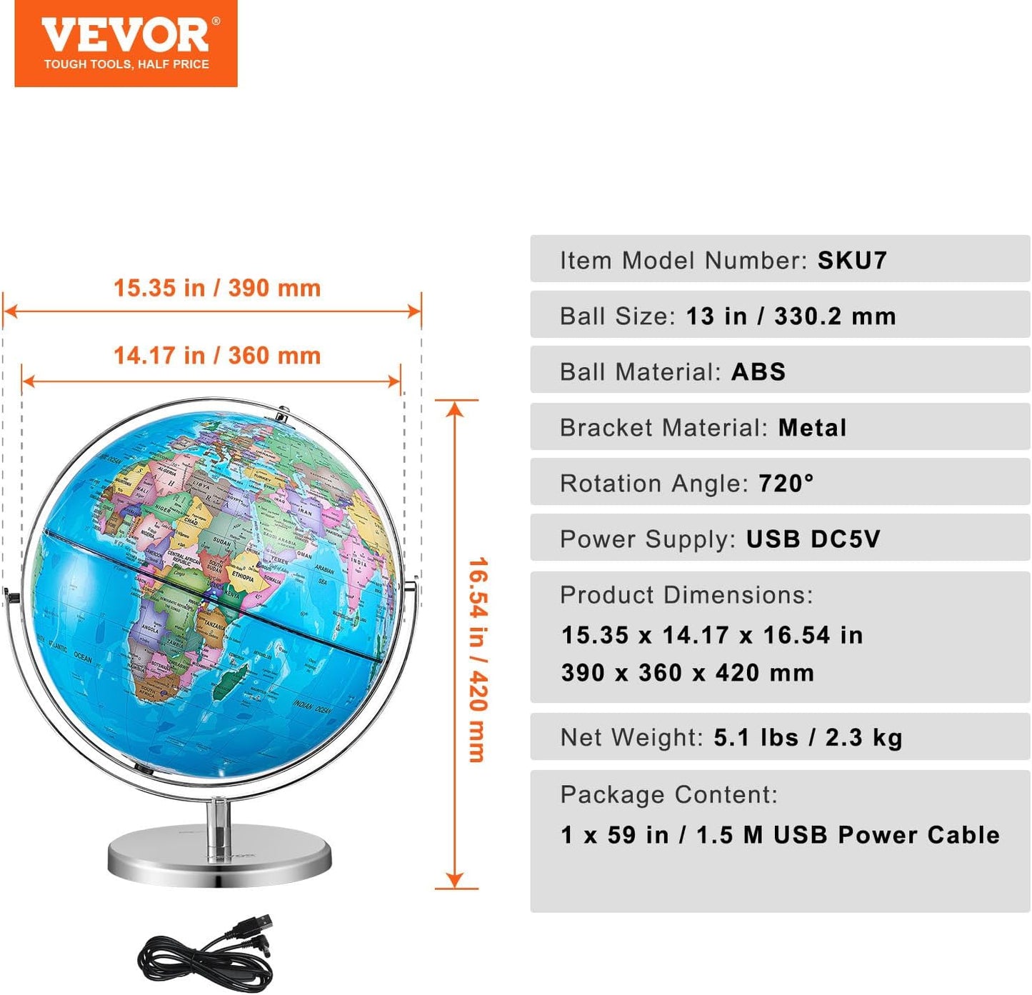 VEVOR Illuminated World with Stand, 13 in/330.2 mm, Educational Earth Globe with Stable Heavy Metal Base HD Printed Map and LED Night Lighting, 720° Spinning Globe for Kids Classroom Learning
