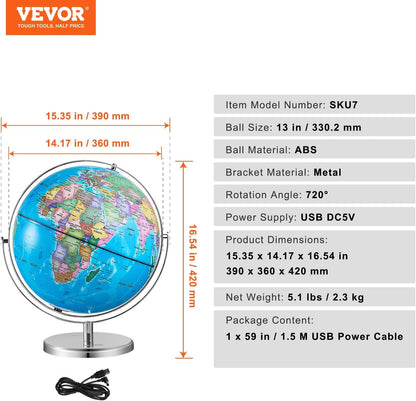 VEVOR Illuminated World with Stand, 13 in/330.2 mm, Educational Earth Globe with Stable Heavy Metal Base HD Printed Map and LED Night Lighting, 720° Spinning Globe for Kids Classroom Learning