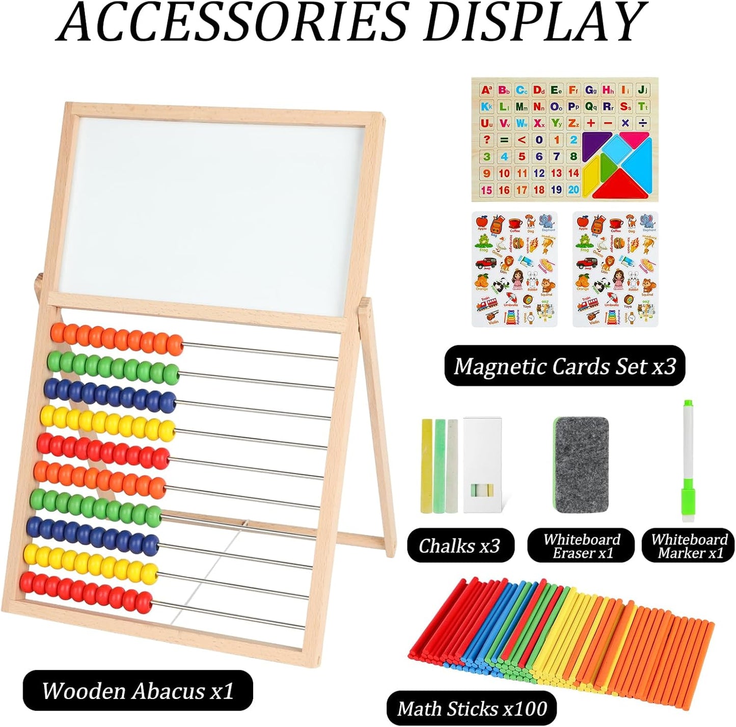 Wooden Abacus for Kids Math – Double-Sided Drawing Board with 100 Counting Sticks, 3 Sets Cards, Clock & Accessories, Educational Learning Toy for Ages 3-8, Homeschool & Preschool Essentials