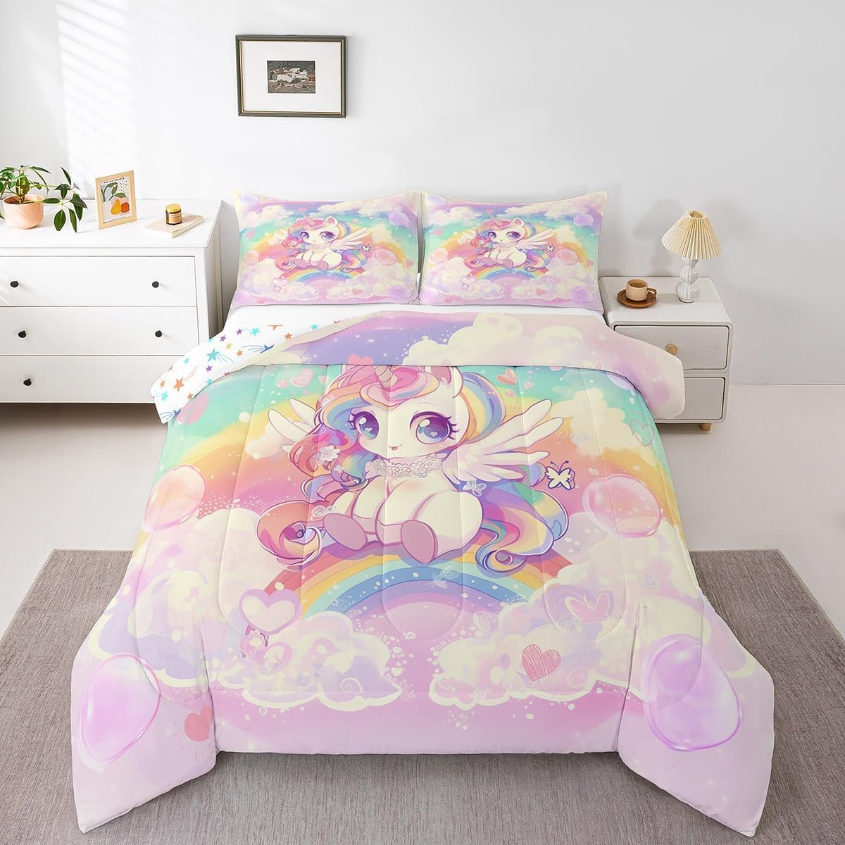 Castle Fairy Drum Kit Comforter Set,Musical Instruments Bedding Set for Kids Girls Women,Adults Rock Music Comforter,Neon Lighting Quilted Duvet Set Bedroom Collection Twin Size 2Pcs
