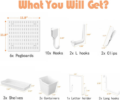 Peg Board, 24"x36" Pegboard Wall Organizer, Includes 6PCS White Peg Boards and Accessories, Plastic Peg Board Panels for Craft Room, Office, Kitchen, Gaming Room