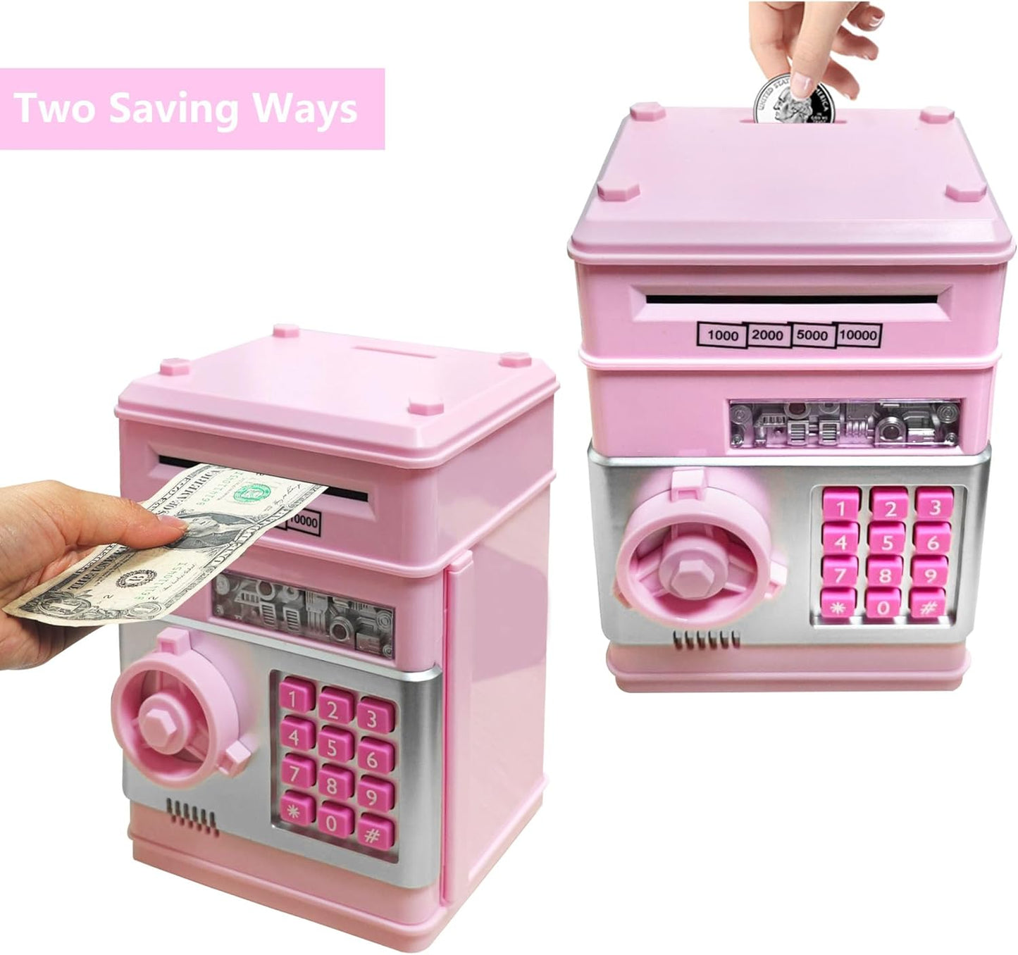 Mini ATM Piggy Bank ATM Machine Best Gift for Kids,Electronic Code Piggy Bank Money Counter Safe Box Coin Bank for Boys Girls Password Lock Case (Rose Gold)