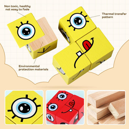 Montessori Puzzle Game for Kids - Wooden Face Changing Magic Cube Game, Educational Face Changing Cubes, 3+ Years (64 Cards, 16 Blocks, 1Bell)