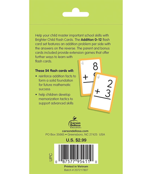 Carson Dellosa 54 Addition Flash Cards, All Facts for Adding Through 12, Flashcards for Ages 6 and Up, Kindergarten Learning Activities and Math Games for Kids 5-7