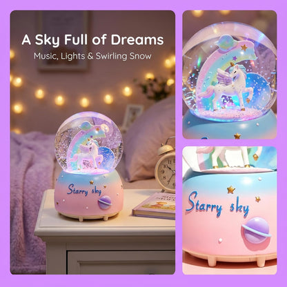 Unicorn Music Snowball, 80MM Snow Globes for Girls Music Box, with LED Rainbow Snow Lights, Birthday, Christmas, Ideal Gift for Girls (Pink&Blue)