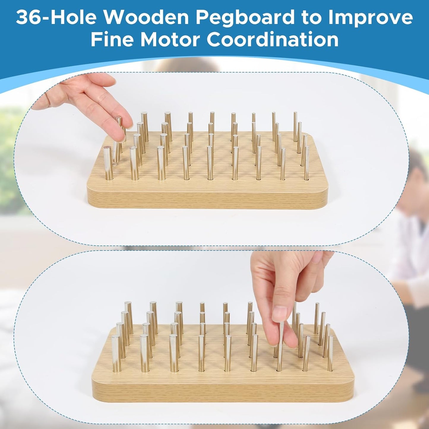36-Hole Wooden Pegboard for Occupational Therapy, Hand Therapy Peg Board with 3 Sizes of Round Iron Pegs to Improve Finger Dexterity, Fine Motor Coordination & Sensory Rehabilitation