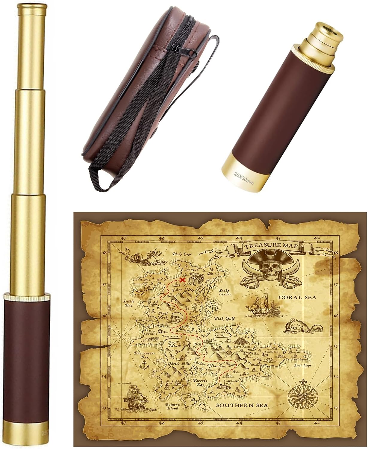 Retro Pirate Telescope Zoomable with Treasure Map 25x30 Spyglass Portable Collapsible Handheld Telescope Vintage Monocular for Kids & Survival Gear
