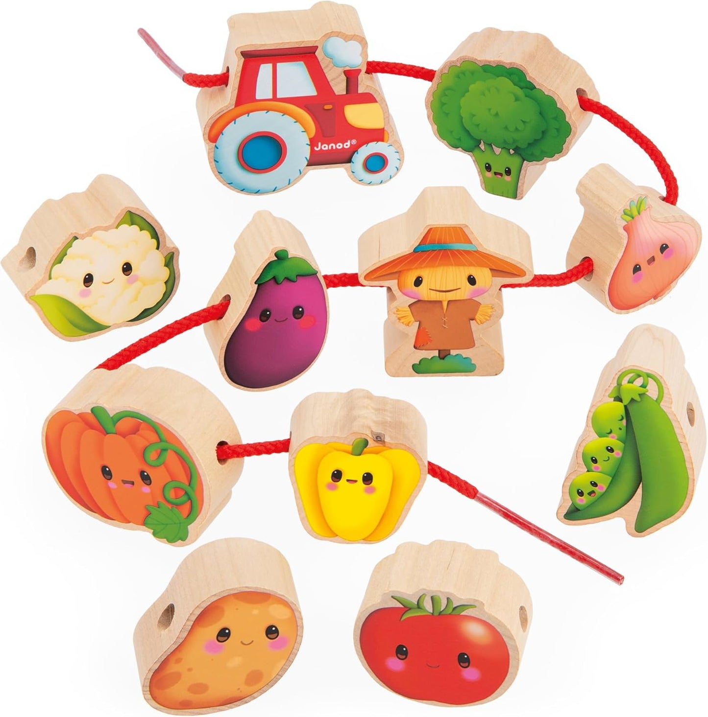 Janod - Stringable Farm-Themed Wooden Beads Set 11 Pieces - Designing Custom Jewelry - Imagination Development - Boosts Creativity and Motor Skills - Encourages Imaginative Play