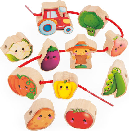 Janod - Stringable Farm-Themed Wooden Beads Set 11 Pieces - Designing Custom Jewelry - Imagination Development - Boosts Creativity and Motor Skills - Encourages Imaginative Play