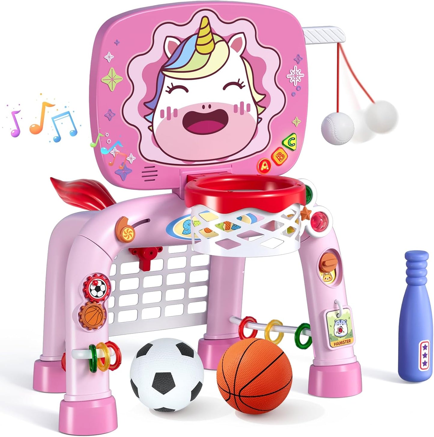 HYES Toddler Basketball Hoop Tball Set & Soccer Goal - Lion Sport Toys for 1 Year Old Boy with Learning Activities (Abacus/Alphabet/Animals Sounds) Christmas Birthday Gifts for Baby Boy Age 1 2 3