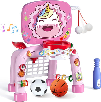 HYES Toddler Basketball Hoop Tball Set & Soccer Goal - Lion Sport Toys for 1 Year Old Boy with Learning Activities (Abacus/Alphabet/Animals Sounds) Christmas Birthday Gifts for Baby Boy Age 1 2 3