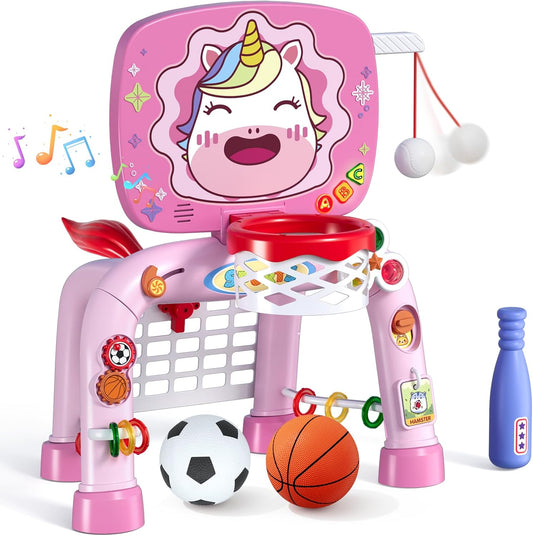 HYES Toddler Basketball Hoop Tball Set & Soccer Goal - Lion Sport Toys for 1 Year Old Boy with Learning Activities (Abacus/Alphabet/Animals Sounds) Christmas Birthday Gifts for Baby Boy Age 1 2 3