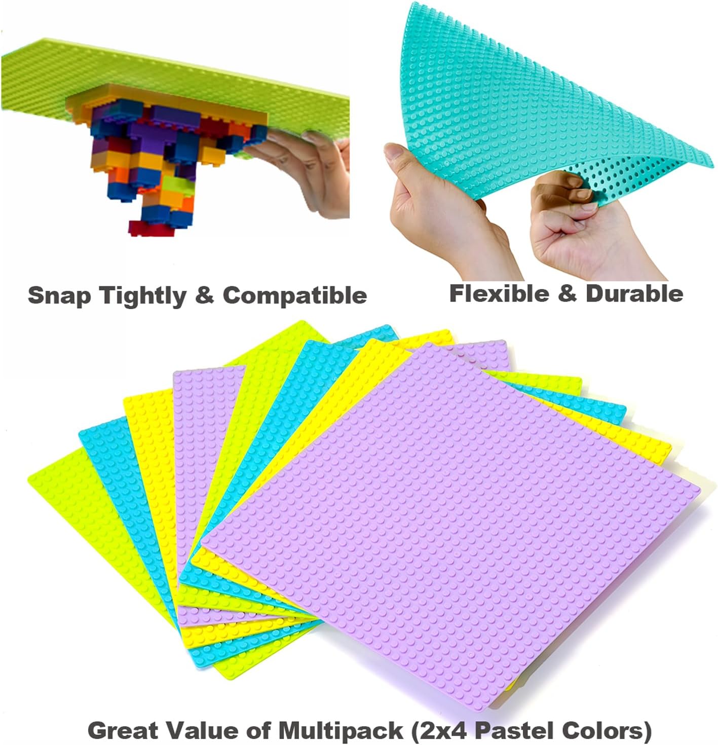 Building Bricks Baseplates Multipack 32x32 Stud, 8 Pack of Base Plates in Color of Black, Dark Grey, Light Grey & White, Foundation & Display for Building Blocks, 10x10 in. (25.5x25.5 cm)