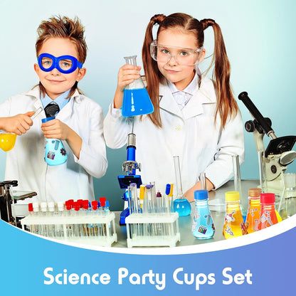 Jingmore 36 Pcs Science Party Theme Cups Set with Silly Loop Straws Science Stickers Plastic Reusable Small Conical Flask Bottles Test Tubes for Birthday Party Decorations(Spherical Bottles)