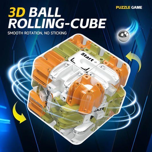 3D Rolling Ball Maze Cube, Marble Labyrinth Cube, 3D Labyrinth Puzzle Cube, Spatial Awareness Brain Training Educational Focus Game Gift for Adults Teens Kids (Yellow & Blue)