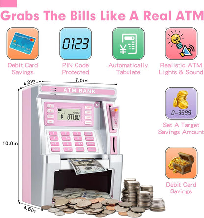 BAODLON Piggy Bank for Kids, ATM Machine Bank for Real Money with Debit Card, Bill Feeder, Coin Recognition, Balance Calculator, Electronic Savings Safe Box, Cool Stuff Toys Gifts for Teen Boys Girls