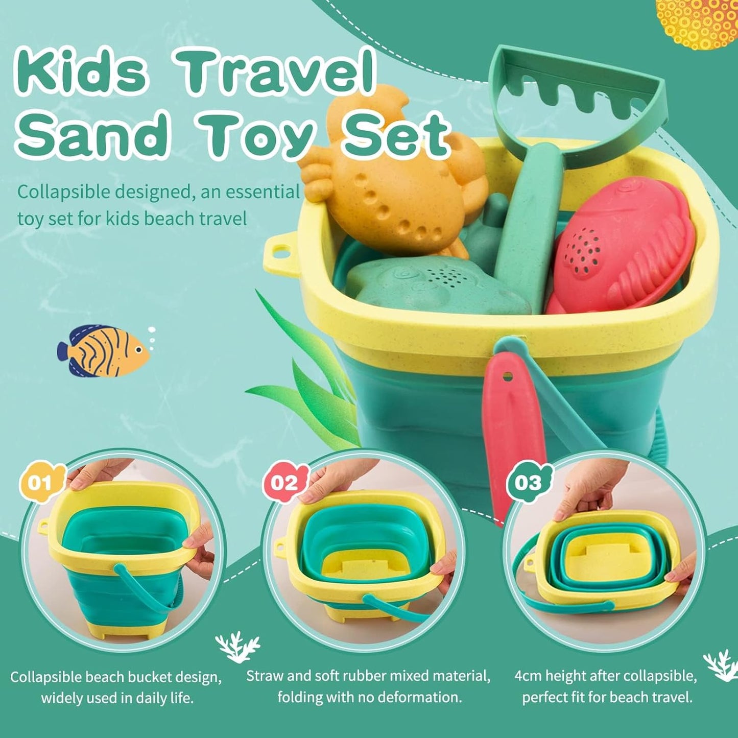 Sawaruita Beach Toys for Kids - Sand Toys Set Includes Collapsible Sand Bucket Shovel and Sand Rake Toy for Beach 12 PCS, Sandbox Toys Sandcastle Building Kit (A)