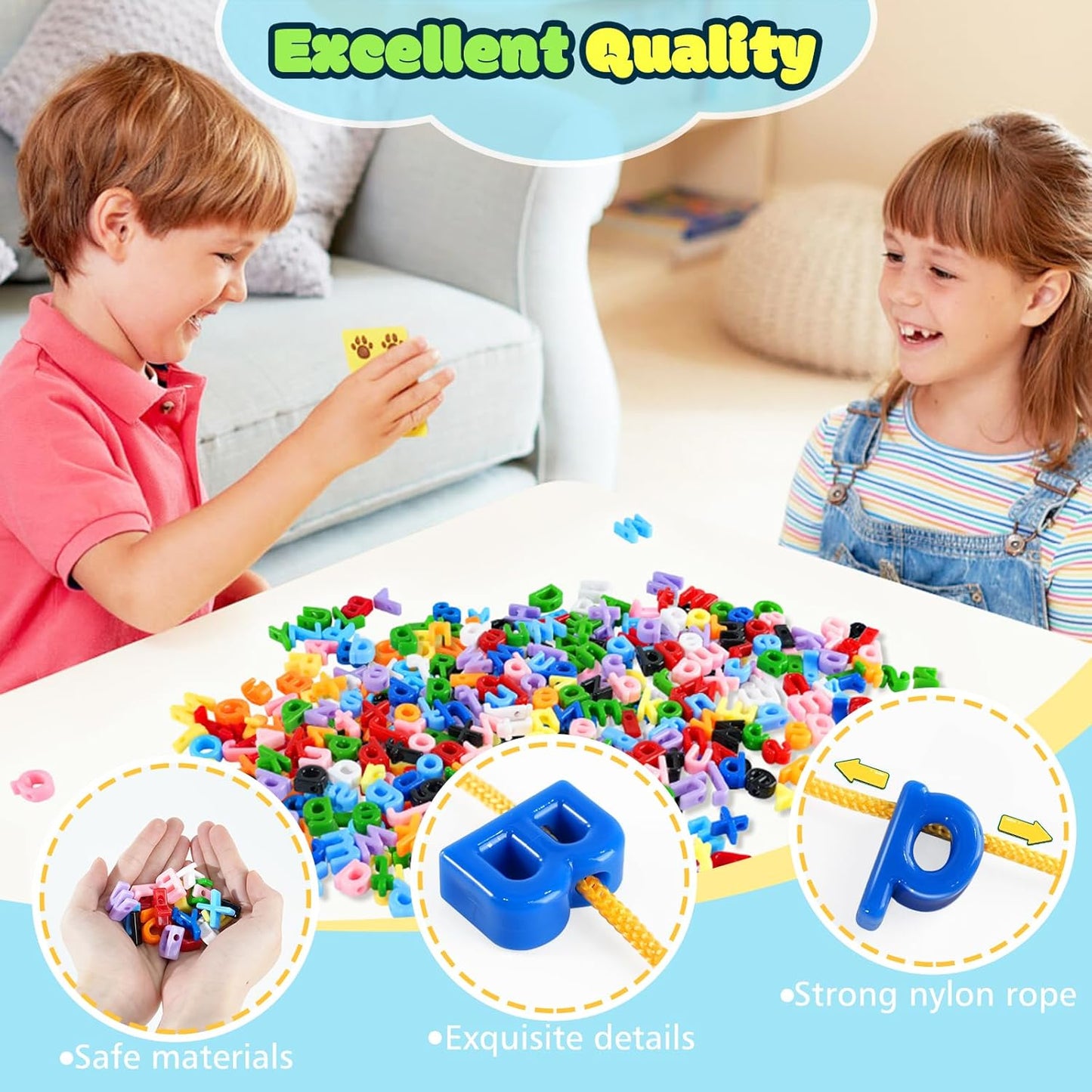 278 Pcs Lacing Letters Beads, Lowercase Alphabet Learning Toys, 10 Color Rainbow Alphabet Beads with 18 Laces, Preschool & Home Educational Toy for Kids Ages 3+, Back to School Supplies