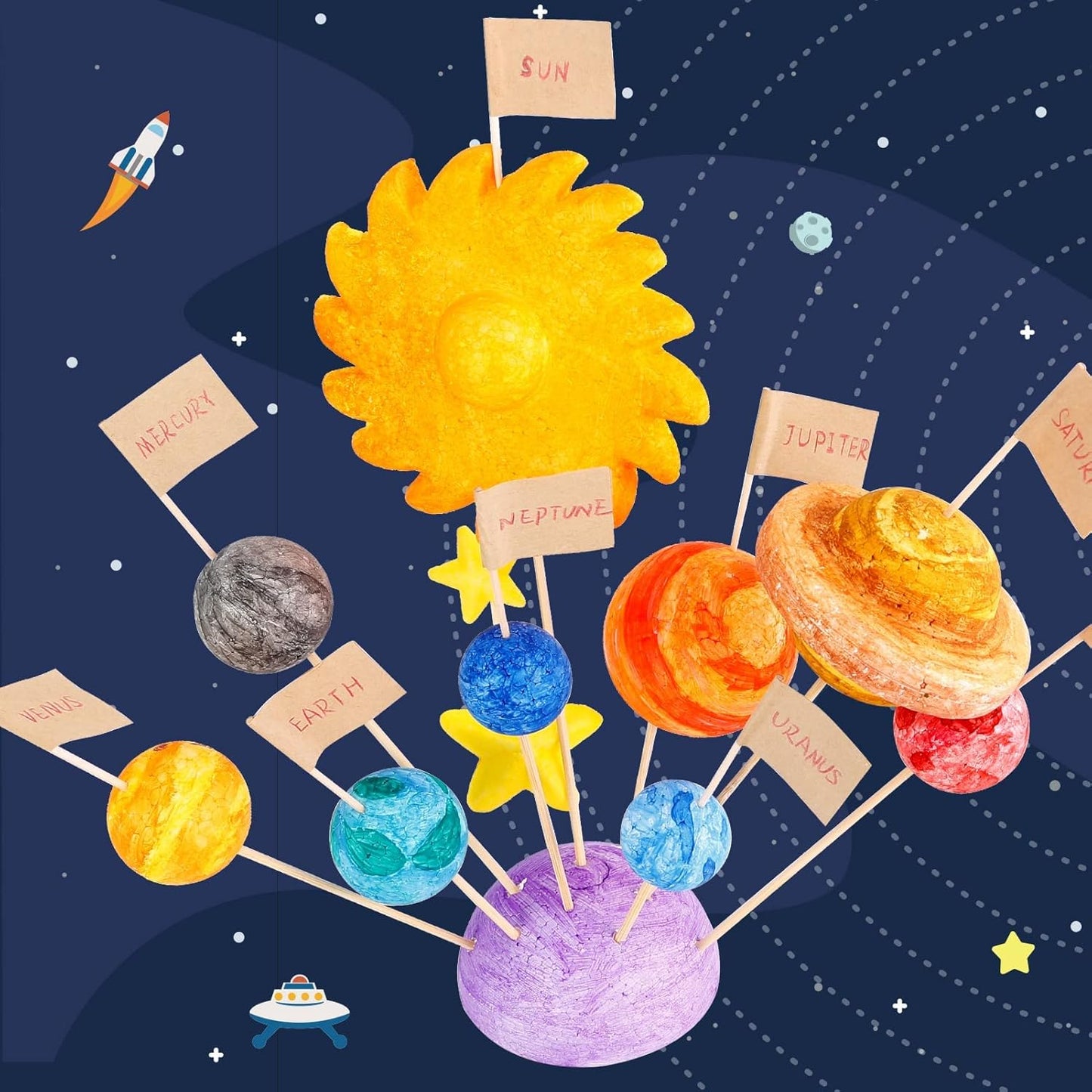 Pllieay Solar System Model Foam Ball Kit Includes 14PCS Mixed Sized Polystyrene Spheres Balls, 12PCS Bamboo Sticks, 12 Color Pigments, 2PCS Painting Brushes for School Science Projects