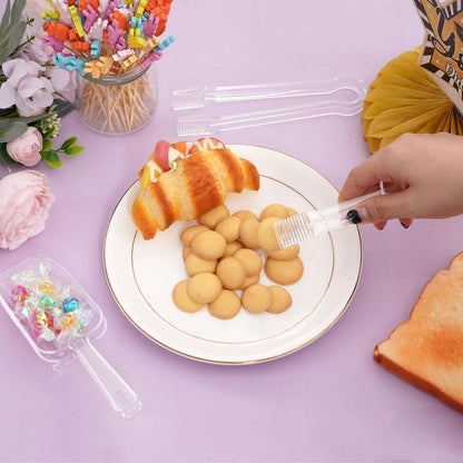 12Pcs Clear Plastic Ice Scoops Tongs Set, Small Tongs for Serving Food, Mini Candy Scoops for Candy Buffet Dry Goods Freezer Bin Canisters (Clear)