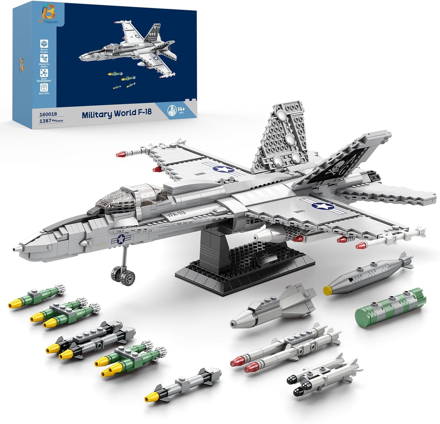 F-18 Fighter Jet Building Set for Adults, 1387PCS Military Hornet Aircraft Model with Retractable Landing Gear, Movable Wings, Display Stand, Technical Plane Collectible Kit for Men