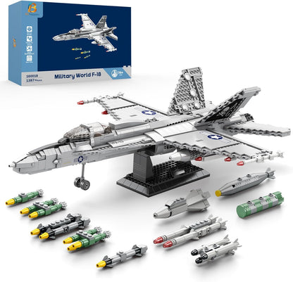 F-18 Fighter Jet Building Set for Adults, 1387PCS Military Hornet Aircraft Model with Retractable Landing Gear, Movable Wings, Display Stand, Technical Plane Collectible Kit for Men