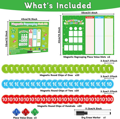 Magnetic Regrouping Math Base Ten Place Value, 2026 New Upgraded Addition & Subtraction Math Manipulatives Dry Erase Whiteboard for Kids 1st 2nd 3rd Grade, Math Games Homeschool Classroom Must Haves