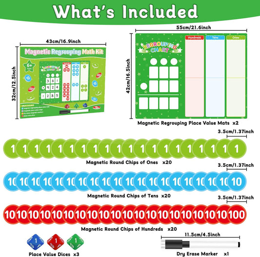 Magnetic Regrouping Math Base Ten Place Value, 2026 New Upgraded Addition & Subtraction Math Manipulatives Dry Erase Whiteboard for Kids 1st 2nd 3rd Grade, Math Games Homeschool Classroom Must Haves