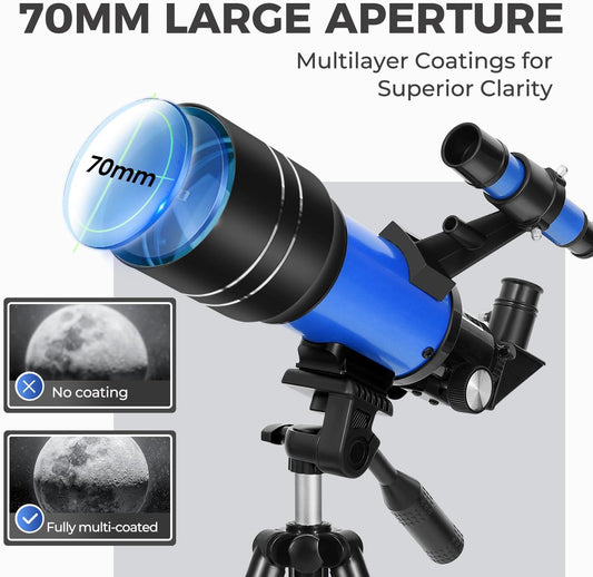 ESAKO Telescope for Kids & Beginners, 70mm Aperture Portable Telescopes with 3 Eyepieces, Height Adjustable Tripod & Phone Adapter & Remote Control Gift for Christmas