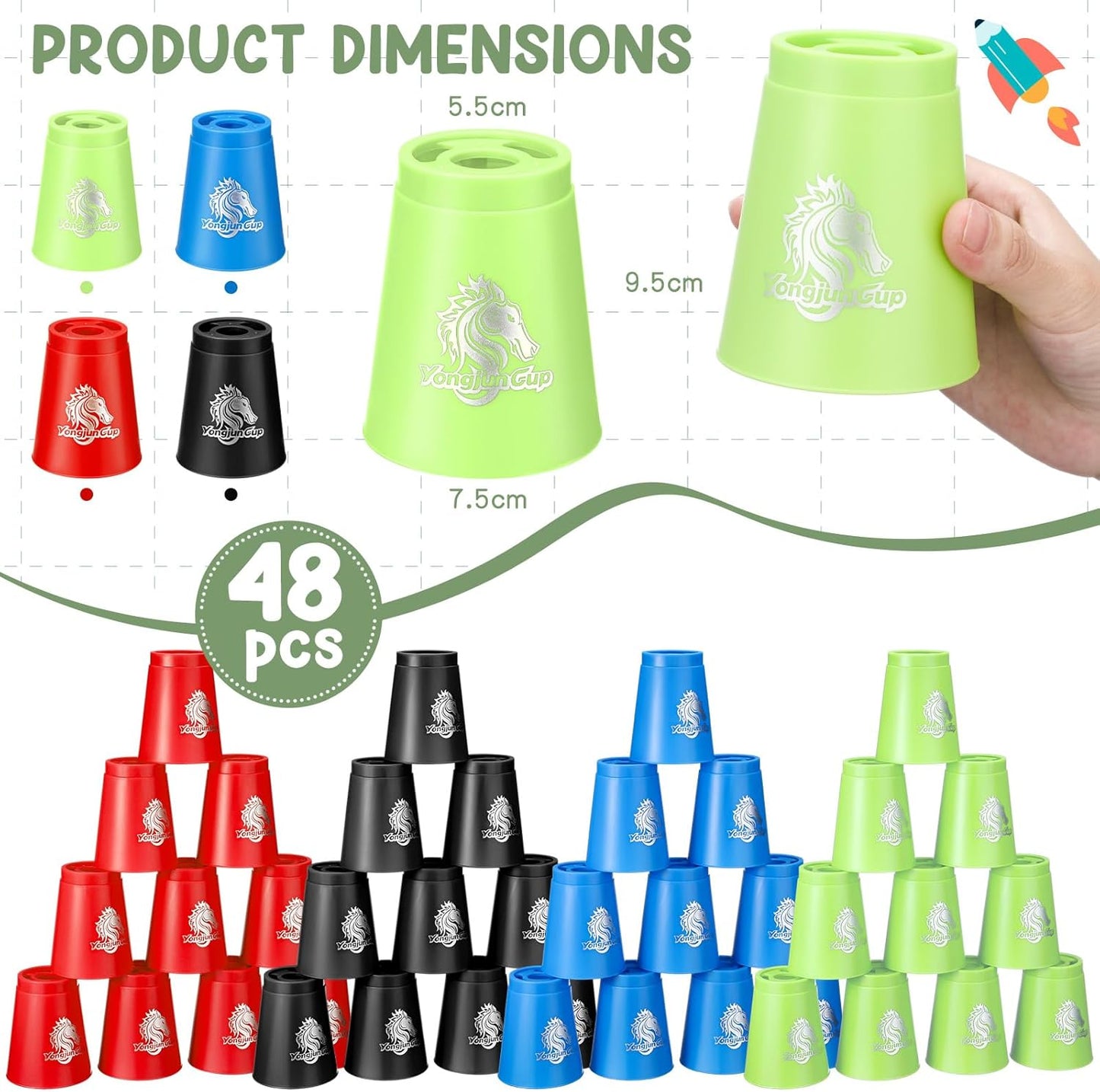 Libima 48 Pcs Sports Stacking Cups Set Stacking Cup Classic Games Speed Training Game for Boy Girl Adult Family Party Challenge Competition Travel Gift, 4 Colors (Blue, Green, Black and Red)