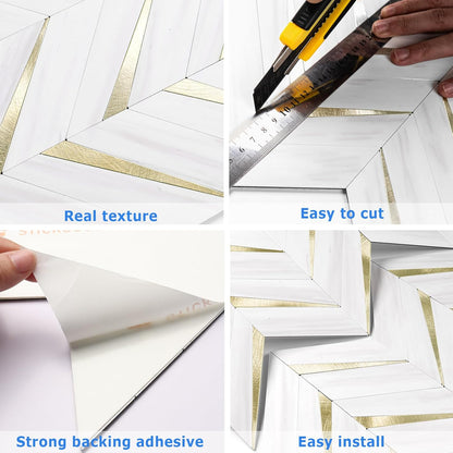 STICKGOO 10-Sheet Herringbone Tile Peel and Stick Backsplash, Beige Mixed Metal Gold PVC Stick on Backsplash, Self Adhesive Wall Tile for Kitchen and Bathroom