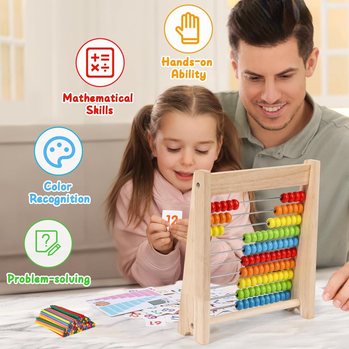 Wooden Abacus for Kids, Math Learning Tool, 10-Row Bead Frame with Counting Sticks, 1-100 Number Cards & Math Symbols, Preschool Educational Toy for Toddlers 3+