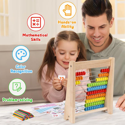 Wooden Abacus for Kids, Math Learning Tool, 10-Row Bead Frame with Counting Sticks, 1-100 Number Cards & Math Symbols, Preschool Educational Toy for Toddlers 3+