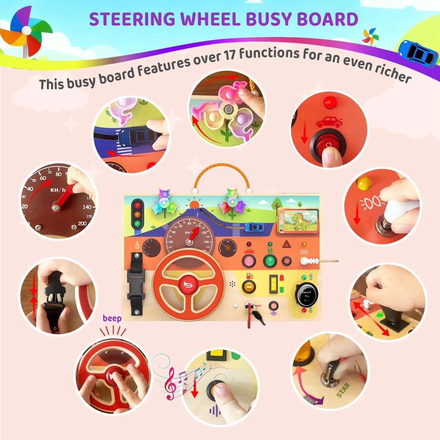 UdoUto Montessori Wooden Busy Board for Toddlers with LED Light Lights & Switches,Portable Activity Board for Car & Airplane Travel Toys, Christmas & Birthday Gift for 1-3 Year Old Boys & Girls