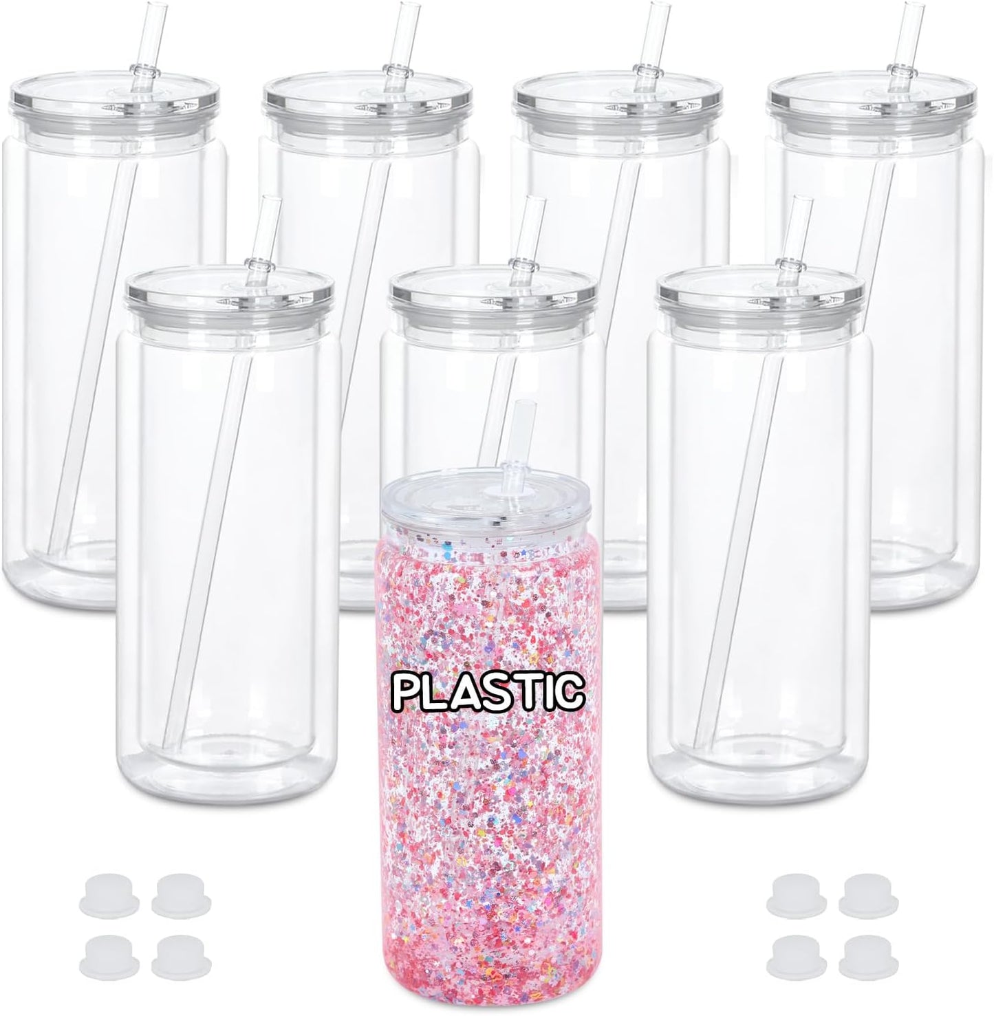 20 Oz Plastic Snowglobe Tumbler, 4 Pack Pre-Drilled Double Wall Acrylic Snow Globe Cup, Plastic Clear Cup for Snowglobe, with Clear Lid